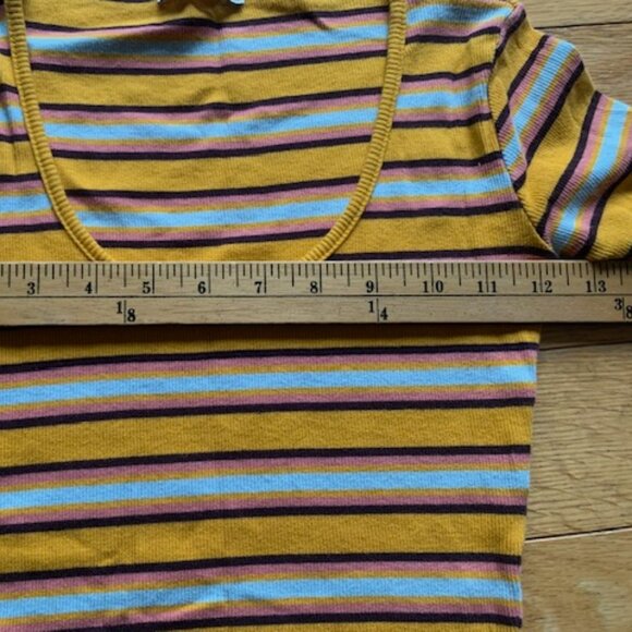 Zara Trafaluc Ribbed Striped Crop Top | Mustard Yellow Retro Tee | Size S - Picture 5 of 7